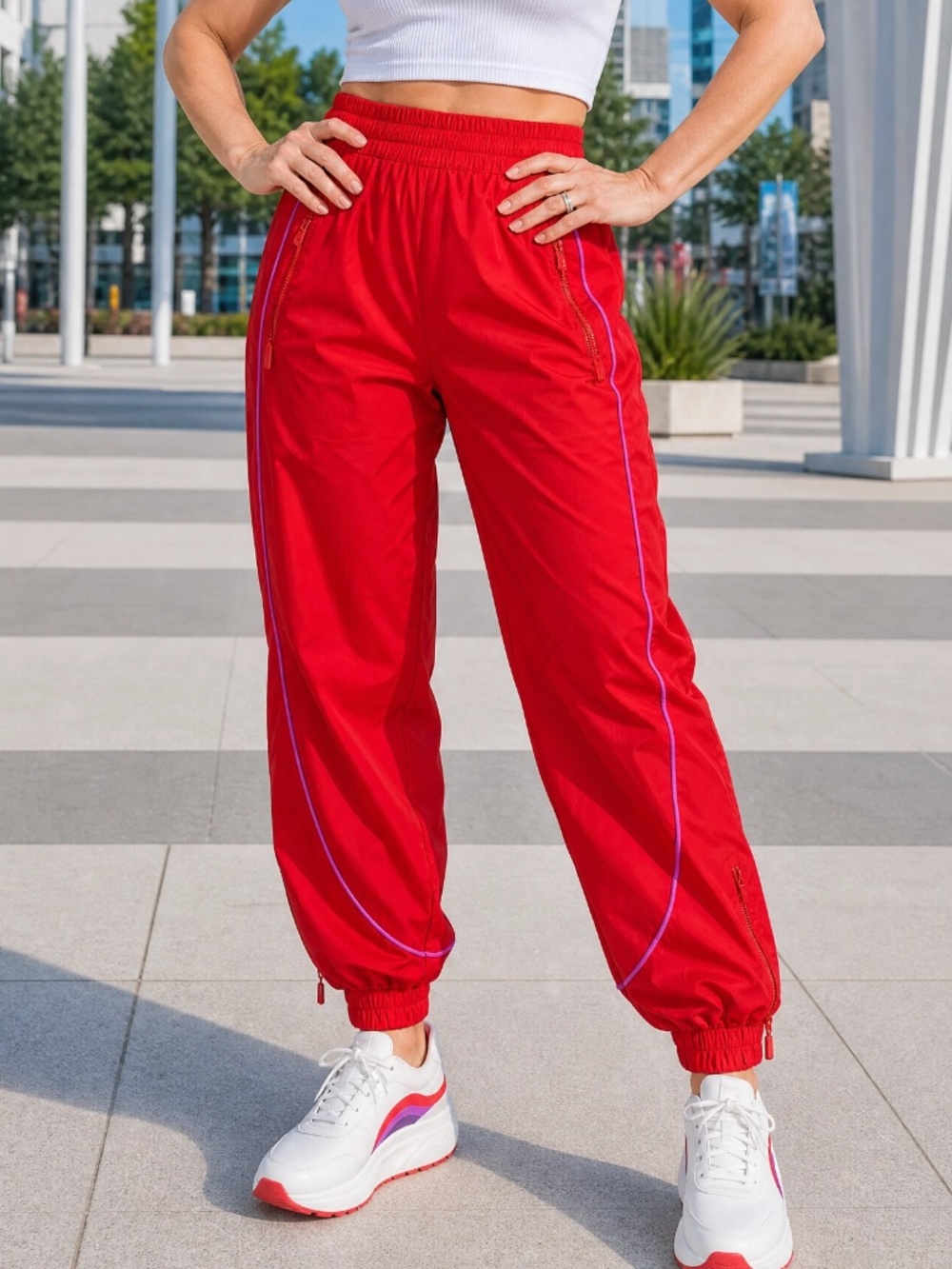 NWT Fabletics Relay Track Jogger Pants Red Size M Zip Ankle MSRP $89.95
